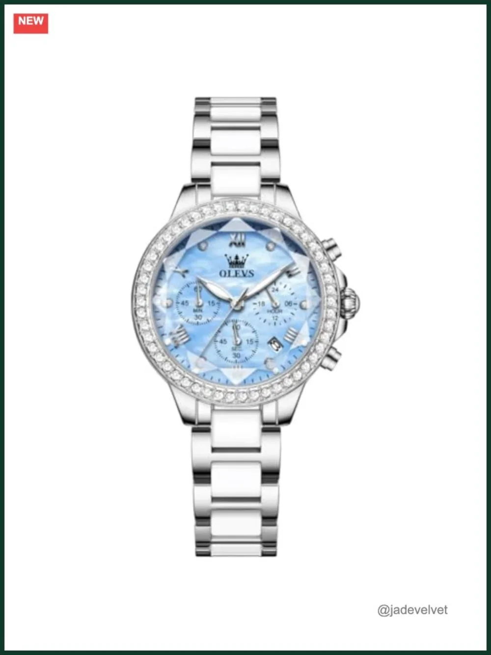 Women Ceramic Chronograph Watch with Diamond Faceted Crystal, Rose Gold